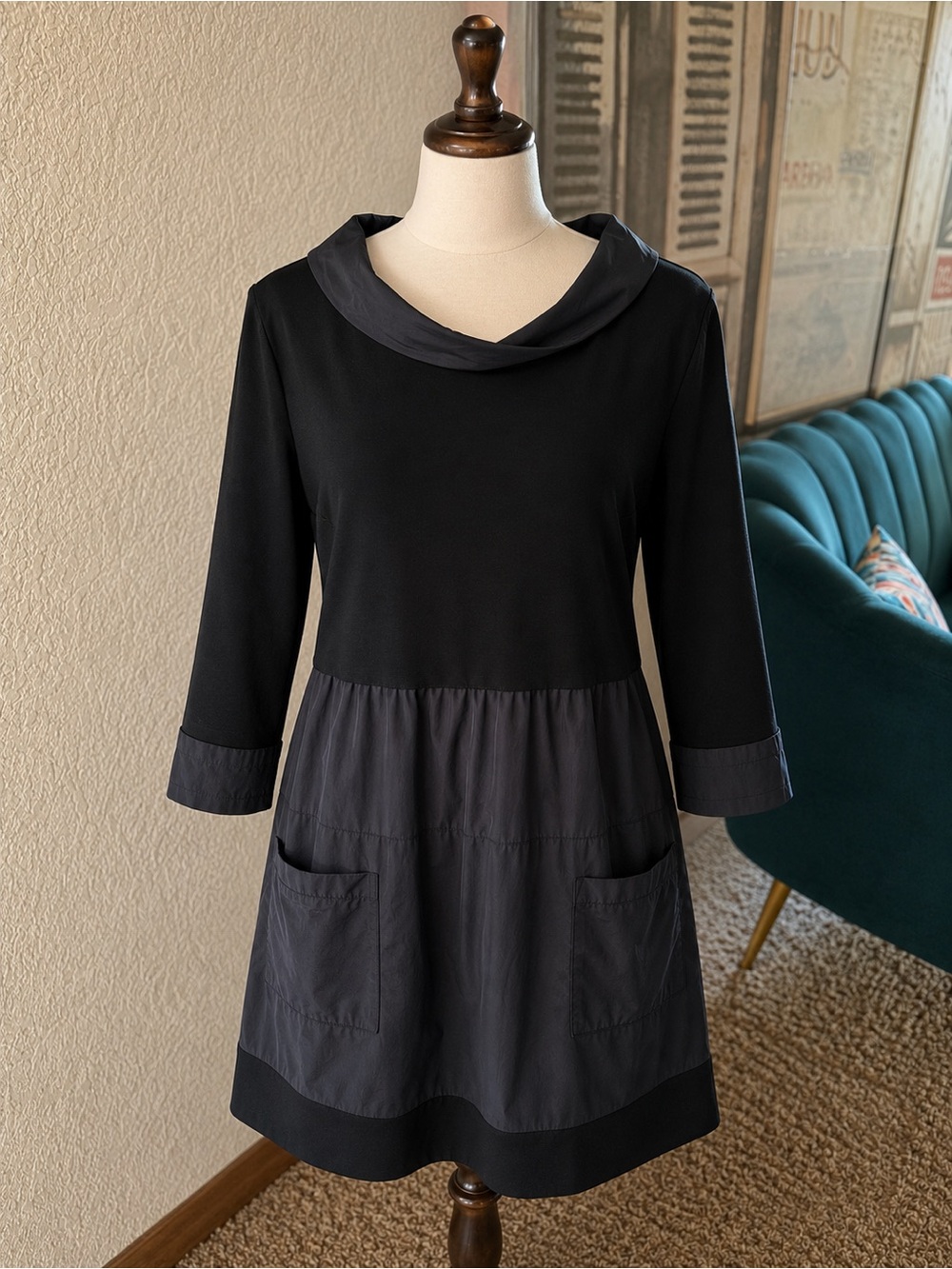 Joseph Ribkoff Navy Two-Tone  Dress with Cowl Neck